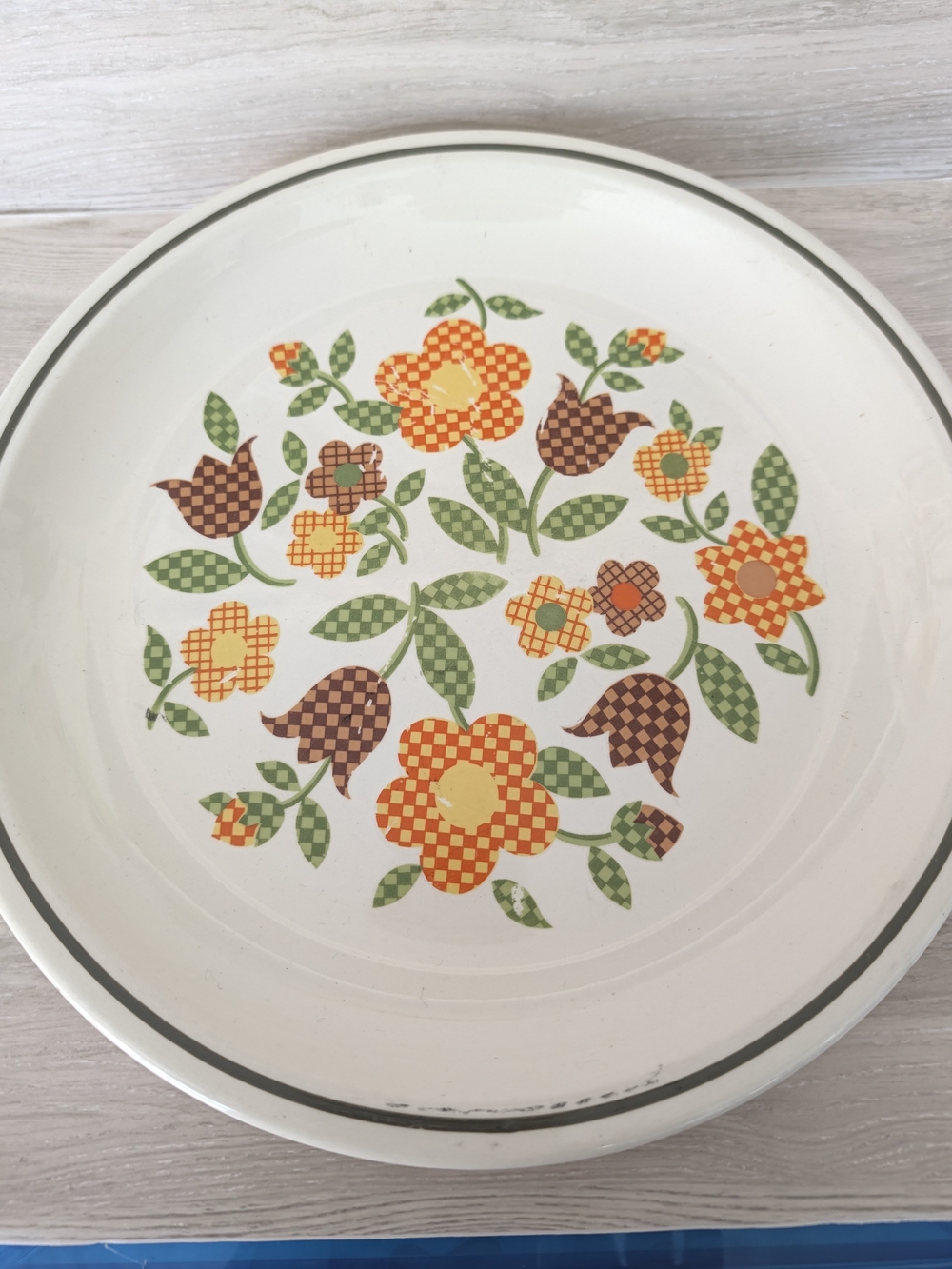 Floral Checkered Ceramic Serving Plate - Cream with Orange & Green